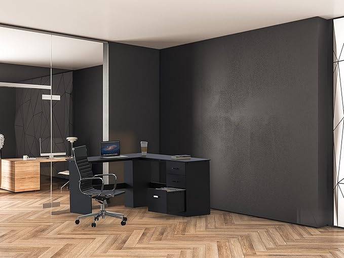 SHW 51 x 59 Inches L-Shaped Home Office Wood Corner Desk with Box Box File Drawers, Black
