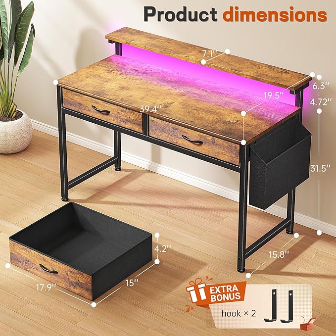 Gaming Desk with LED Lights & 2 Fabric Drawers, 39.4Inch Home Office Computer Desk with Side Pocket & Ergonomic Monitor Stand, Small Space Study Writing Table with Anti-Tip Design, Rustic Brown