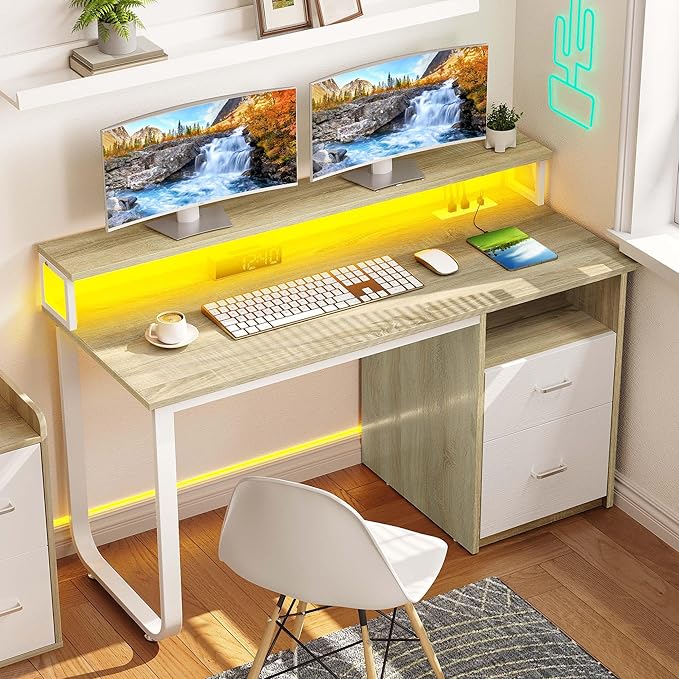 YITAHOME Computer Desk with Drawers, 47.2" Office Desk with Power Outlets & LED Light, Home Office Desk with Storage Shelves, White & Oak