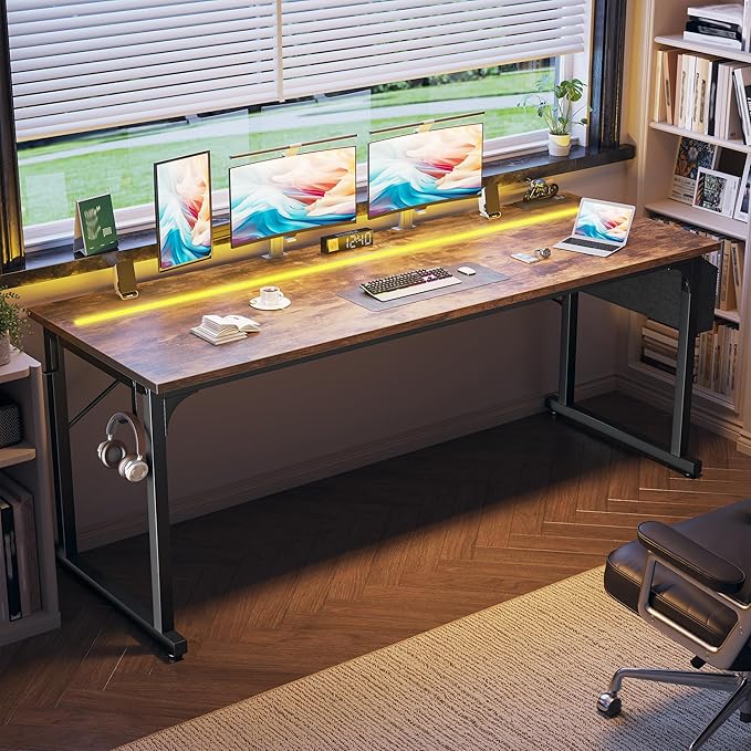 71 Inch Computer Desk with LED Lights, Office Desk for Home Office, Study Desk Writing Table with Storage Bag, Headphone Hook, Rustic Brown