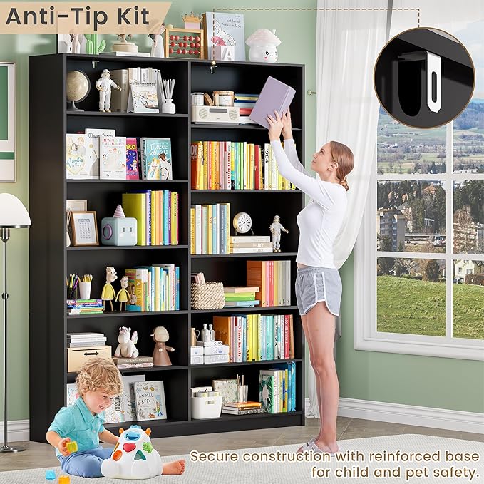 6 Tier Open Shelves Bookcase, Black Book Case with 12 Open Shelves, Freestanding Display Storage Shelves, Home Library Bookcase for Living Room Bedroom Office