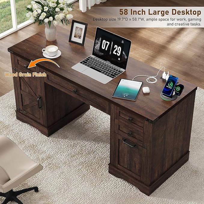 58'' Farmhouse Home Office Desk with Drawers, Wooden Executive Desk with Charging Station, File Drawers and Storage Cabinet, Computer Desk for Work, Study and Writing, Brown