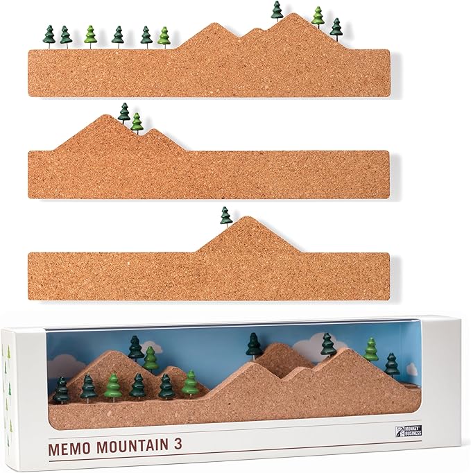 Monkey Business Memo Mountain 3 Cork Board Strips - Corkboard Pin Boards with Mountain Scene Pushpins, Office Accessories, Cute Cork Boards for Walls