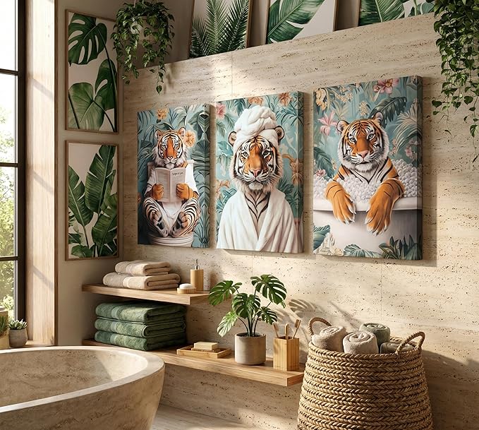 3pcs Funny Bathroom Tiger Canvas Wall Art Boho Tropical Botanical Tiger Reading Newspaper On Toilet Wall Decor Pictures Animal Humor In Bathtub Posters Prints for Bathroom Decoration Ready To Hang