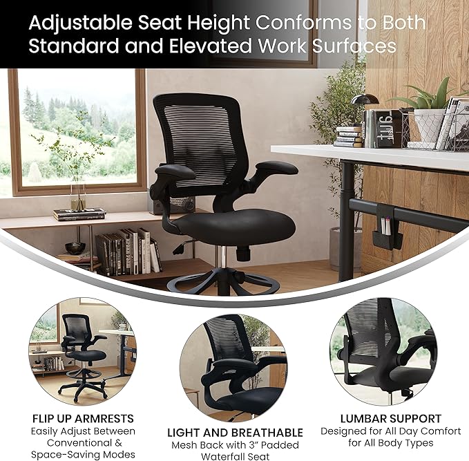 Flash Furniture Kale Mid-Back Swivel Office Chair with Adjustable Foot Ring, Lumbar Support, and Seat Height, Ergonomic Mesh Executive Chair, Black
