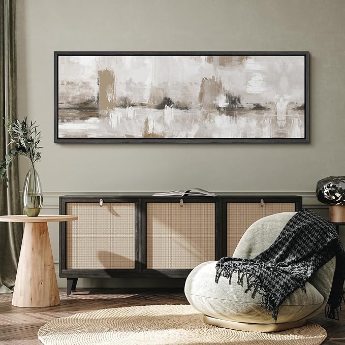 SIGNFORD Large Framed Canvas Neutral Abstract Landscape in Earthy Tones Illustrations Modern Art Calm Warm for Living Room, Bedroom, Office - 60"x20"