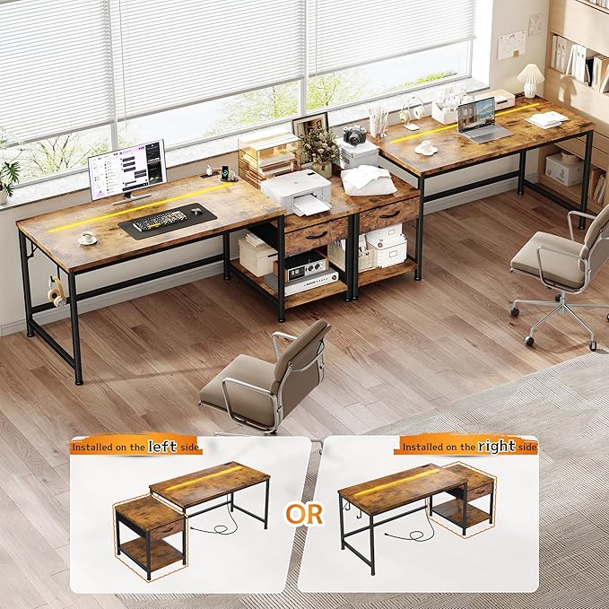 56 Inch Computer Desk,Reversible Office Desk with LED Lights & Power Outlets,Writing Desk with Wide Tabletop for Study,Writing,Desk with Drawers & Printer Shelf for Storage,Craft,Rustic Brown