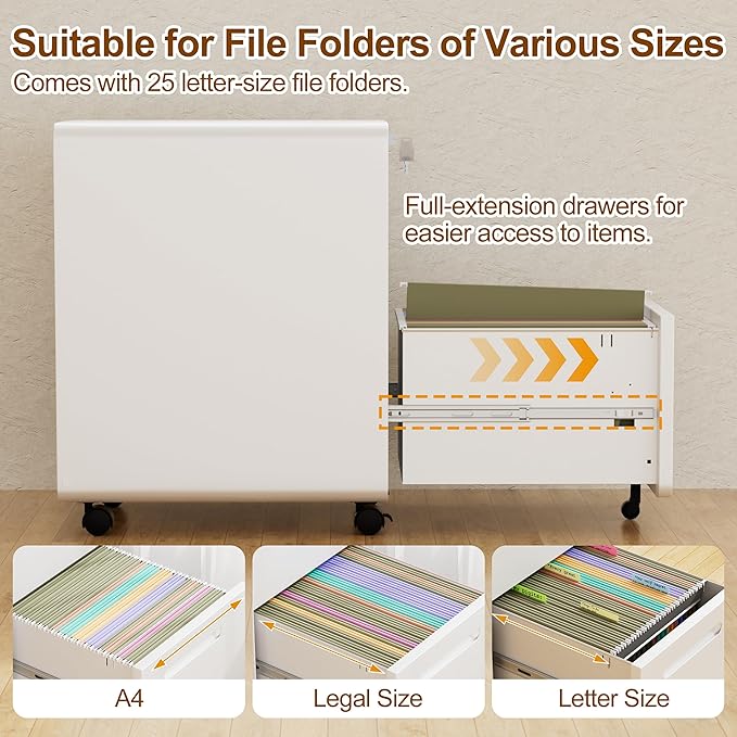 2 Drawers Metal Filing Cabinet with Lock, with 25 File Folders, Mobile Vertical Cabinet with Fully Assembled Except Casters, for Home Office, White