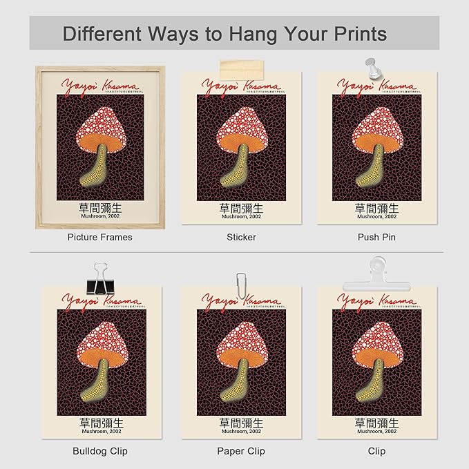 SIGNWIN Poster Wall Art Set of Mushroom Botanical, Blue Red Dots, Japanese Pumpkin The Ocean Minimalist Decor for Living Room, Bedroom, Office - 12"x16"x 8