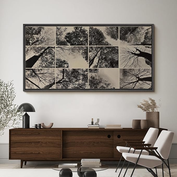 SIGNFORD Extra Large Framed Canvas Print Wall Art Black and White Forest Canopy Grid Collage Illustrations Modern Art Calm Warm for Living Room, Bedroom, Office - 60"x30"