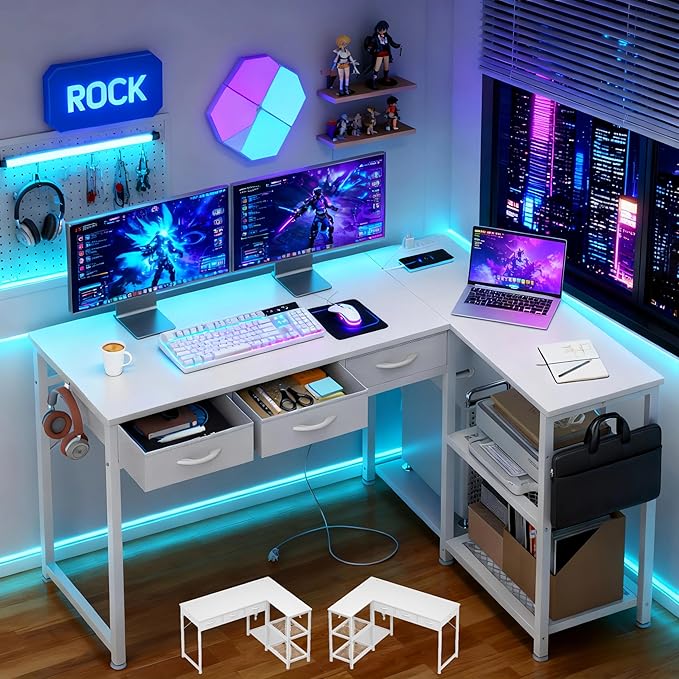 Gizoon 53 Inch White L Shaped Gaming Desk with CPU Stand & Power Outlet - Reversible Corner Desk with Drawers, Storage Shelves and 2 Hooks for Gaming Setup, Home Office, Living Room