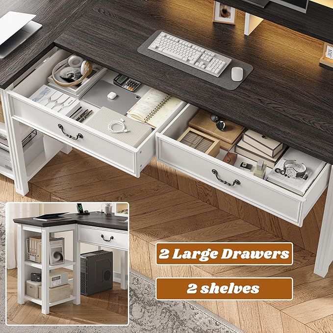 EnHomee 55" L Shaped Farmhouse Computer Desk with Drawers, Office Desk with Long Monitor Stand & Storage Shelves for Bedroom, Desk for Home Office, Desks with Power Outlets & LED Lights, Study Room