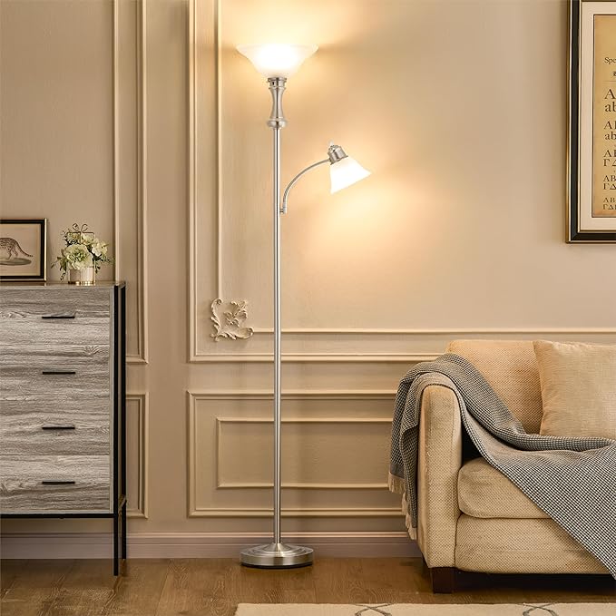 71'' Floor Lamps for Living Room, Tall Floor Lamp for Bedroom with Adjustable Angle Arc Reading lamp, Modern Torchiere Standing lamp with Glass Shade, Knob Switch, Bulb Included, Silver