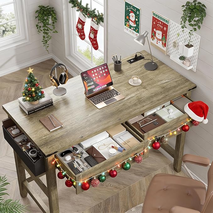 EnHomee 40" Small Desk with Power Outlets, Computer Desk with Drawers for Bedroom and Home Office, Writing Desk with Drawers and a Side Pocket, Vanity Desks for Bedroom, Dark Rustic Oak