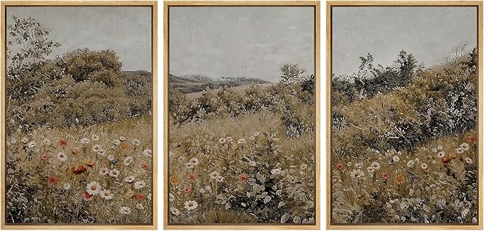 SIGNFORD Framed Wall Art Print Set Summer Wildflower Lush Floral Landscape Illustrations Modern Decorative Multicolor Relax/Calm Chic for Living Room, Bedroom, Office - 24"x36"x3 Natural