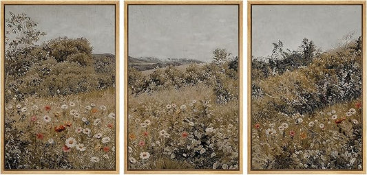 SIGNFORD Framed Wall Art Print Set Summer Wildflower Lush Floral Landscape Illustrations Modern Decorative Multicolor Relax/Calm Chic for Living Room, Bedroom, Office - 24"x36"x3 Natural