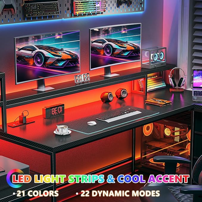 71" L Shaped Gaming Desk with 3 Drawers & Hutch,Computer Desk with Monitor Stand & Power Outlet,Home Office Desk Reversible Black Desk with LED Light,Printer Shelf for Home Office,Black Carbon Fiber