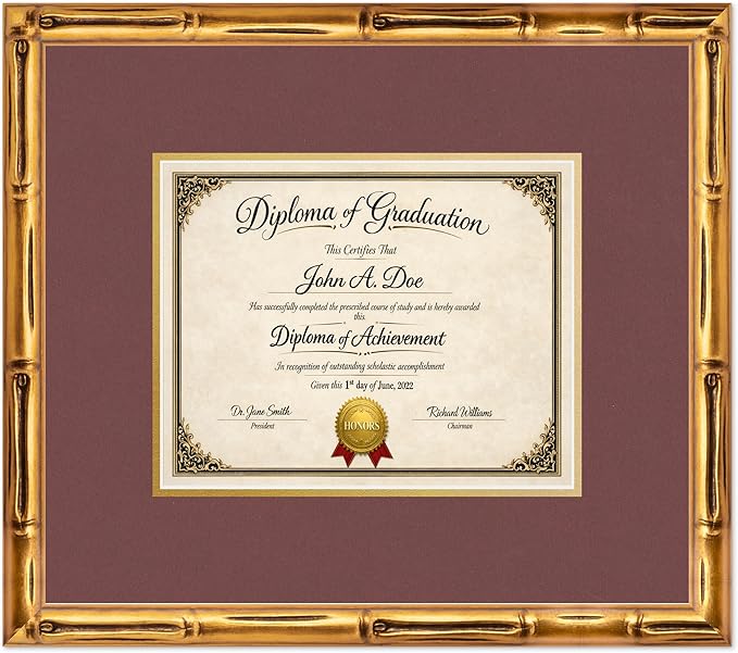 Diploma Frame Gold Bamboo with Dark Red Over Gold Double Mat - Fits 10 x 8 Professional License Wall Display Made in the USA