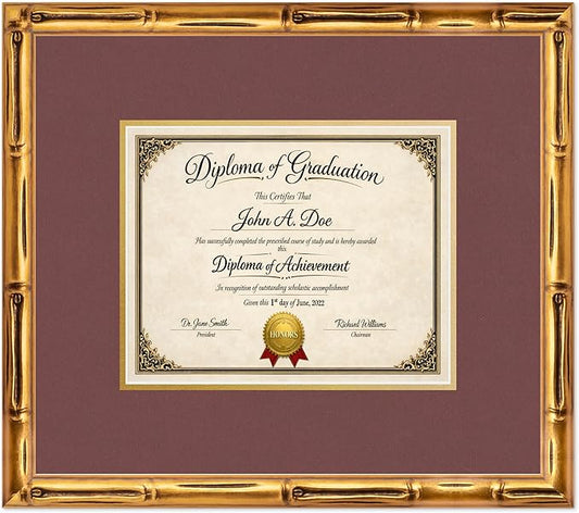 Diploma Frame Gold Bamboo with Dark Red Over Gold Double Mat - Fits 10 x 8 Professional License Wall Display Made in the USA