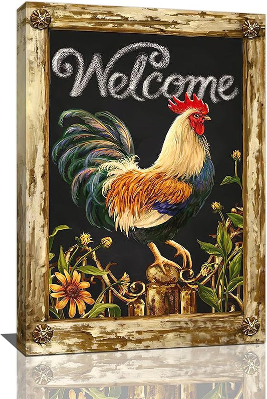 yerretin Farmhouse Rooster Wall Art Rustic Farm Chicken Pictures Wall Decor Country Canvas Painting Modern Artwork Home for Kitchen Bathroom Living Room Bedroom Office Framed 16"x24"