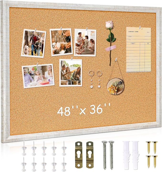 DOLLAR BOSS Cork Board for Wall - 48 X 36 Inches, Grey Texture Framed Bulletin Board Corkboard Decorative Hanging Pin Board for Office & Home Decor