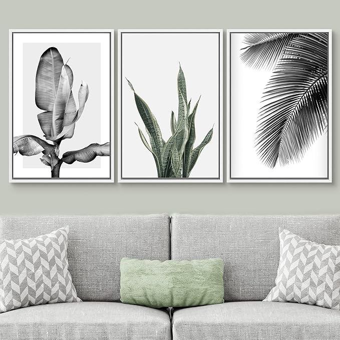 SIGNWIN Framed Canvas Print Wall Art Trio of Jungle Palms & Snake Succulents Floral Plants Photography Modern Art Minimalist Black and White for Living Room, Bedroom, Office - 24"x36"x3 White