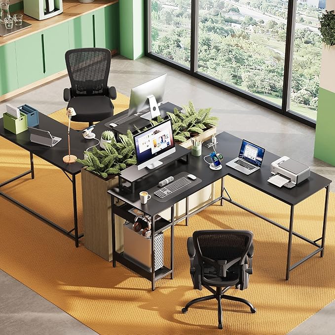 DEVAISE 55 Inch L Shaped Gaming Desk with LED Lights & Power Outlets, Corner Desk for Small Spaces, Sturdy PC Computer Table with Storage for Home Office, Black