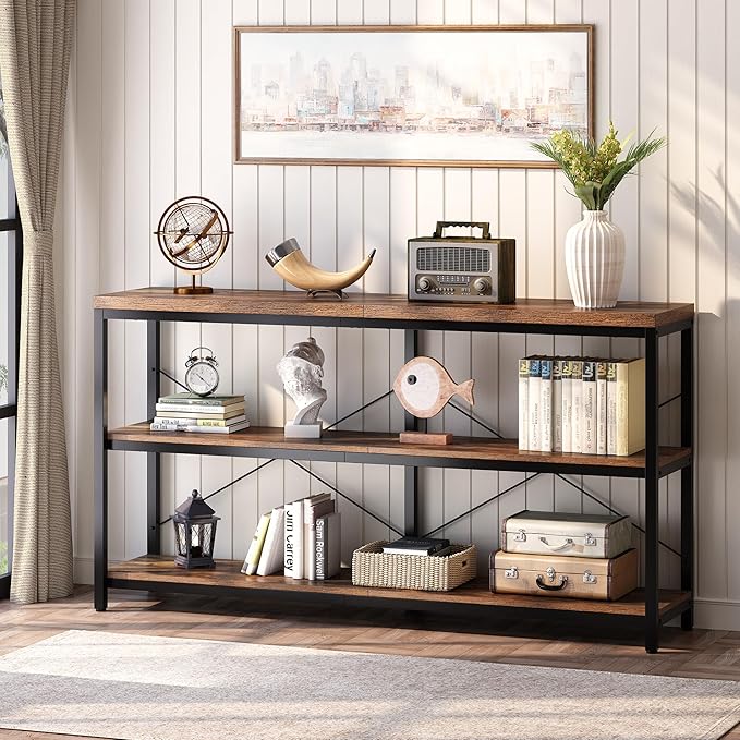 Semoic 3-Tier Industrial Bookshelf, Wide Wood Horizontal Bookcase, Open Large Book Shelf with Metal Frame, Display Rack Shelving Unit, Storage Organizer for Living Room, Bedroom & Study, Brown