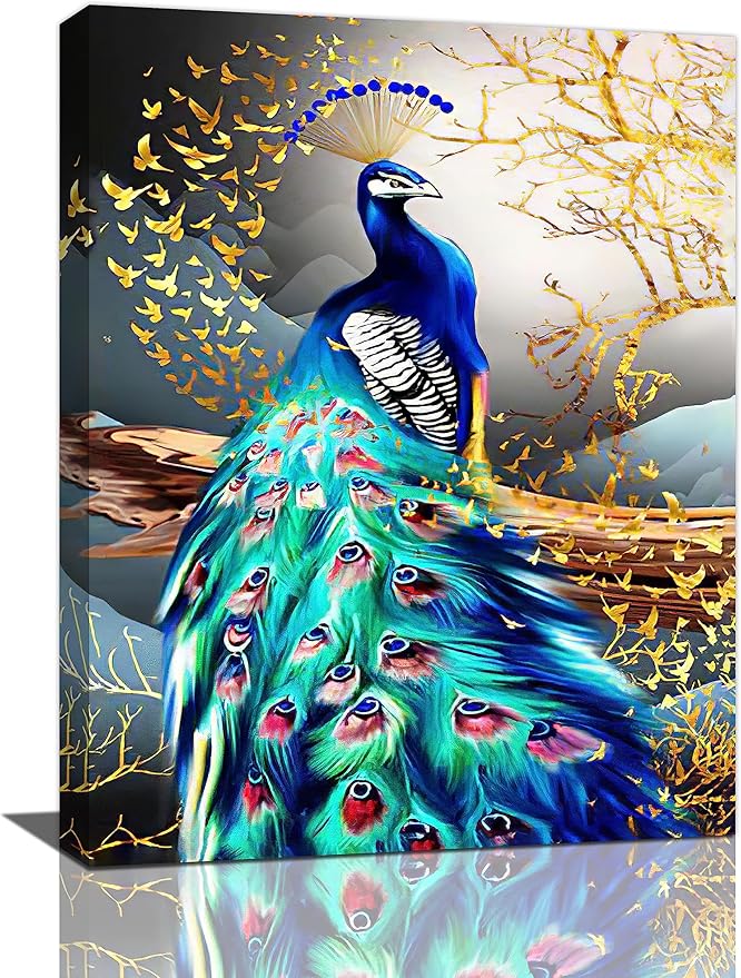 yerretin Peacock Wall Art Peacock Golden Tree Pictures Wall Decor Bird Canvas Painting Modern Decoration Artwork for Bathroom Living Room Bedroom Office Framed 12"x16"