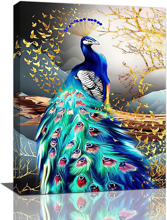 yerretin Peacock Wall Art Peacock Golden Tree Pictures Wall Decor Bird Canvas Painting Modern Decoration Artwork for Bathroom Living Room Bedroom Office Framed 12"x16"