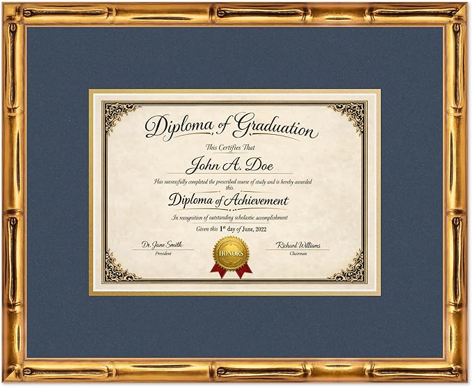Diploma Frame Gold Bamboo with Navy Blue Over Gold Double Mat - Fits 11.69 x 8.27 A4 Certificate Wall Display Made in the USA