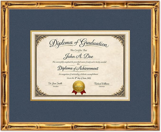 Diploma Frame Gold Bamboo with Navy Blue Over Gold Double Mat - Fits 11.69 x 8.27 A4 Certificate Wall Display Made in the USA