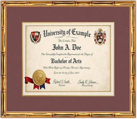 CountryArtHouse Diploma Frame Fits 15 x 12 Military/Government - Keepsake Graduation Display Gold Bamboo Genuine Hardwood with Dark Red Over Metallic Gold Double mat