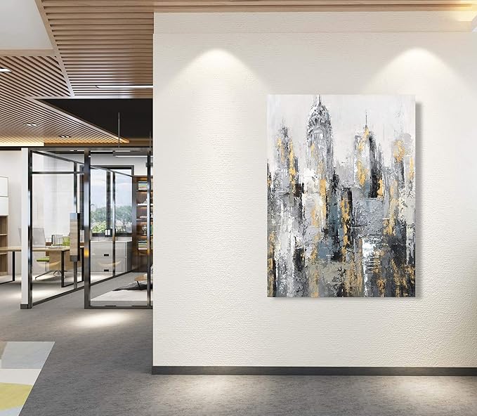 Yihui Arts Modern Abstract Cityscape Canvas Wall Art Painting with Gold Foil Hand Painted Building Pictures for Living Room Decoration