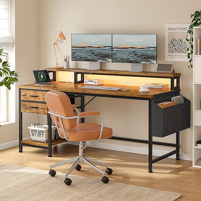 48" Computer Desk with LED Strip, Gaming Desk with Drawers & Storage Bag, Office Desk with Power Outlets & Monitor Stand, Home Office Desks for Bedroom, Gaming Room, Rustic Brown