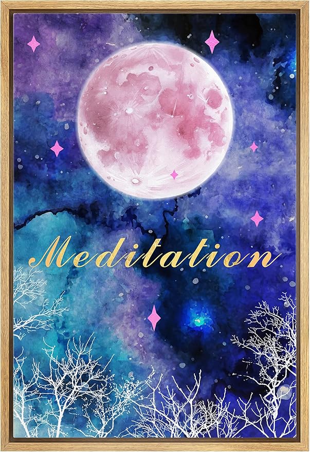 IDEA4WALL Framed Canvas Print Wall Art Meditation Watercolor Galaxy with Pink Moon Astronomy & Space Sky Illustrations Modern Art Glam Colorful for Living Room, Bedroom, Office - 16"x24" NATURAL