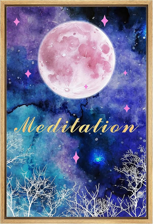 IDEA4WALL Framed Canvas Print Wall Art Meditation Watercolor Galaxy with Pink Moon Astronomy & Space Sky Illustrations Modern Art Glam Colorful for Living Room, Bedroom, Office - 16"x24" NATURAL