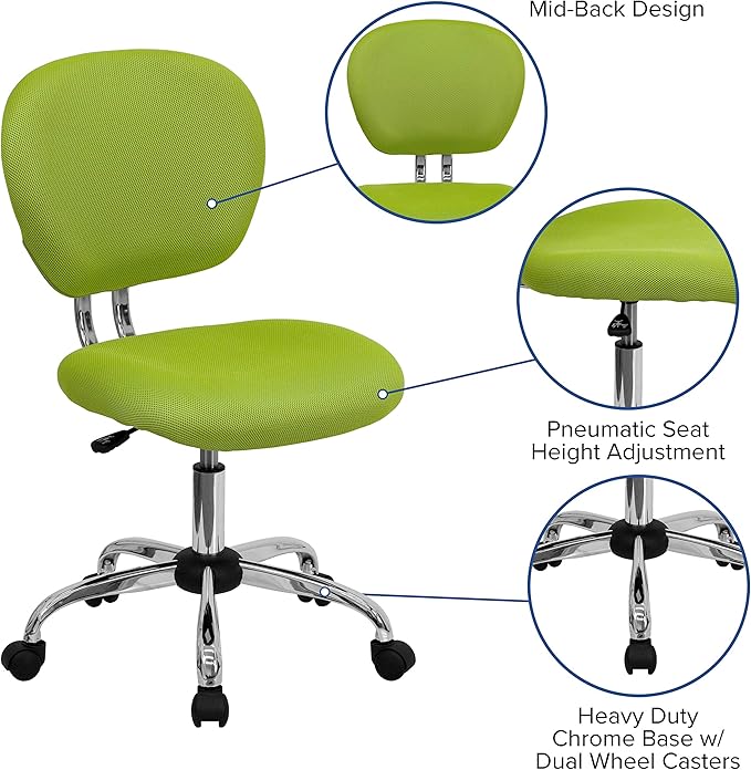 Flash Furniture Beverly Mid-Back Apple Green Mesh Padded Swivel Task Office Chair with Chrome Base