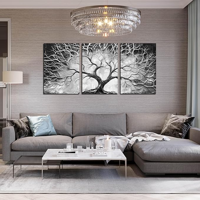 Tree Wall Pictures for Living Room - Black and White Wall Art for Office Decor - Modern 3 Piece Wall Art for Bedroom Size 24" x 36"