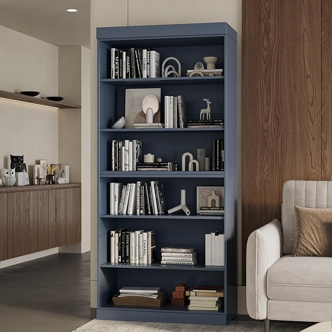 Palace Imports Solid Wood Bookcase - 6-Tier Bookshelf, 71.5" Tall, 32” W - Antique Blue, Stackable Modular, Open Storage Display for Living Room, Office, 100% Eco-Friendly Solid Wood, Made in Brazil
