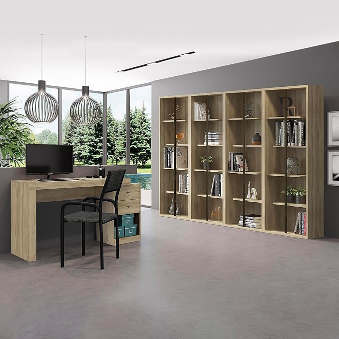 Expandable Desk with Storage Drawers & Open Shelf - Expands from 47 Inch to 57 Inch - Pine Computer Desk with Printer Space - Modern Home Office Table with Drawers - Techni Mobili Blanco Collection