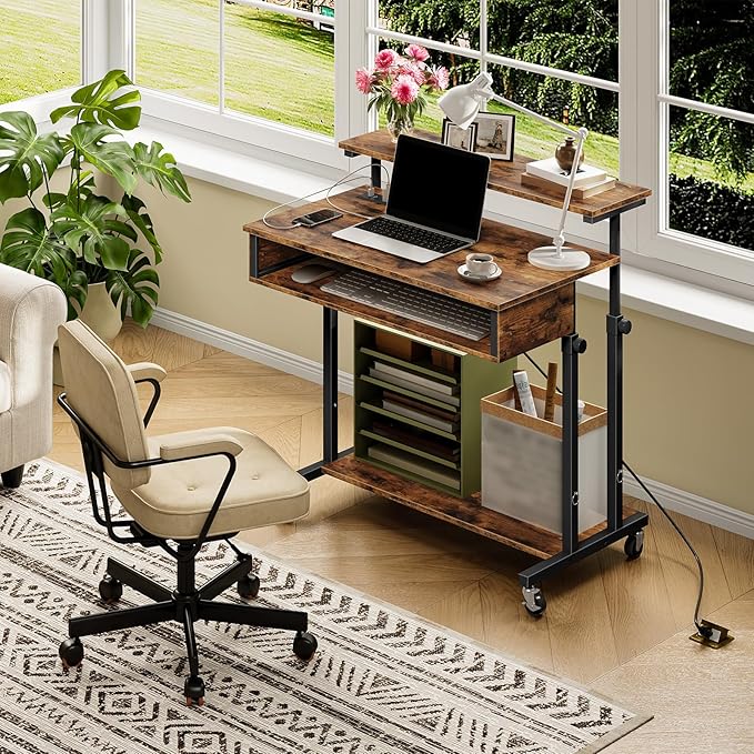 Computer Desk, Standing Desk on Wheels, Rolling Desk with Charging Station, Height-Adjustable Laptop Desk, for Living Room, Home Office, Rustic Brown and Black TDN08UBF
