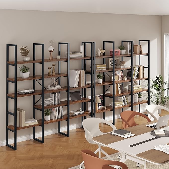 Jehiatek Large Bookshelf 5 Tiers, Triple Wide Geometric Bookcase, 71 Inches Tall Industrial Book Shelves Etagere Book Case, Sturdy Metal Frame, Freestanding Display Shelving Unit, Rustic Brown