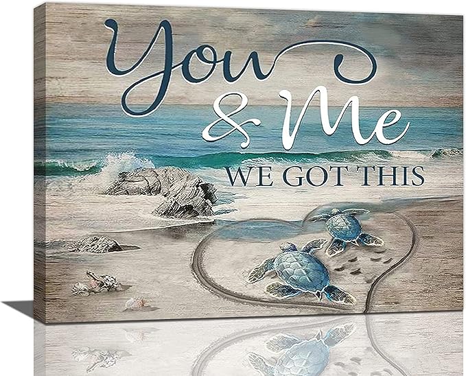 yerretin Beach Sea Turtle Bathroom Wall Art Ocean Turtle Pictures Wall Decor Coastal Nautical Seascape Canvas Painting Love Artwork Home Decoration for Bedroom Office Framed 16"x12"