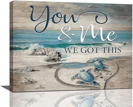 yerretin Beach Sea Turtle Bathroom Wall Art Ocean Turtle Pictures Wall Decor Coastal Nautical Seascape Canvas Painting Love Artwork Home Decoration for Bedroom Office Framed 16"x12"