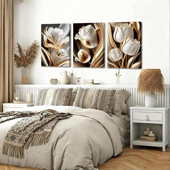 3Pcs Abstract White Gold Floral Canvas Wall Art Modern Luxury Minimalism Painting Pictures Wall Decor tulip Plants Posters Prints Artwork for Living Room Bedroom Office Home Decoration 12 x 16in