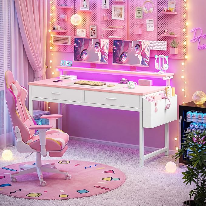 39.4Inch Office Computer Desk with LED Lights & 2 Fabric Drawers, Gaming Desk with Side Pocket & Ergonomic Monitor Stand, Small Space Study Writing Table with Anti-Tip Design,Pink