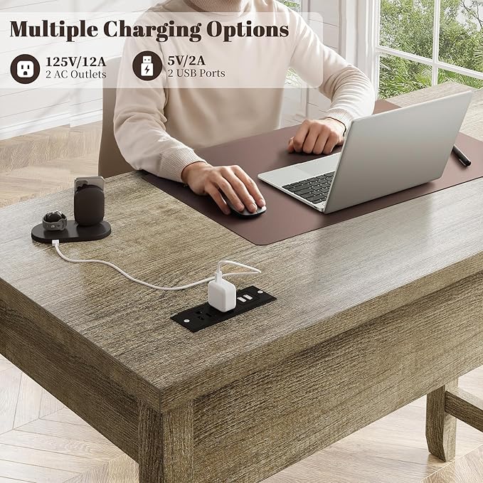EnHomee Small Desk for Bedroom, Computer Desk with Power Outlets for Home Office, Desks with Drawers and a Side Pocket,Vanity Desks for Bedroom, Dark Rustic Oak