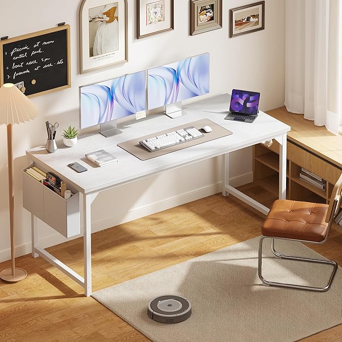 OLIXIS Computer Desk 63 Inch Home Office Desks for Small Spaces, Gaming Writing Study Work Table with Storage Bag and Headphone Hook for Bedroom, White