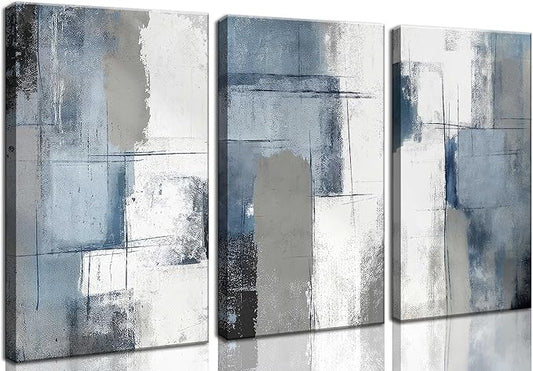 3 Pcs Navy Blue Abstract Canvas Wall Art Modern Minimalist Neutral Blue and Grey Paintings Pictures Wall Decor Poster Print Artwork for Living Room Bedroom Office Home Decoration
